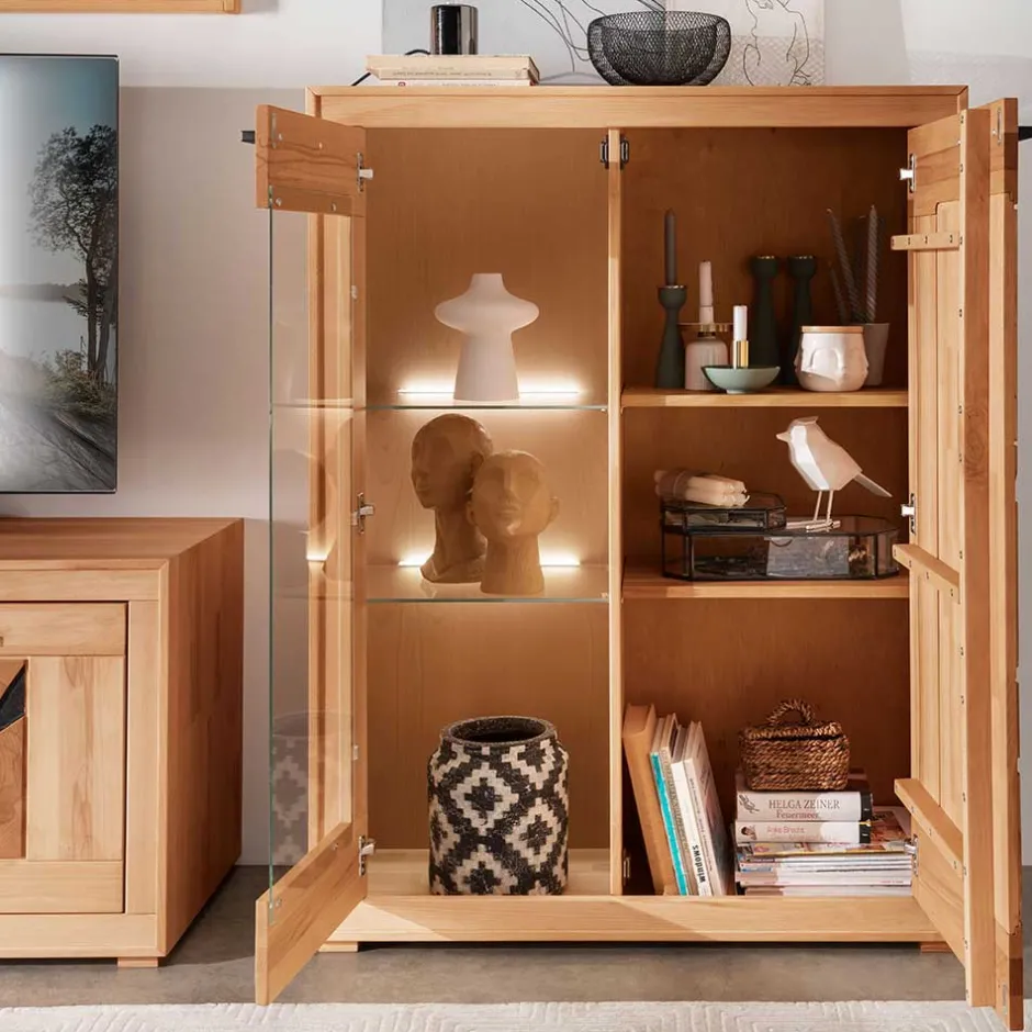 Massivholzmöbel|Wohnzimmerkommoden*Pharao24 Highboard mit Glastür Olmedo