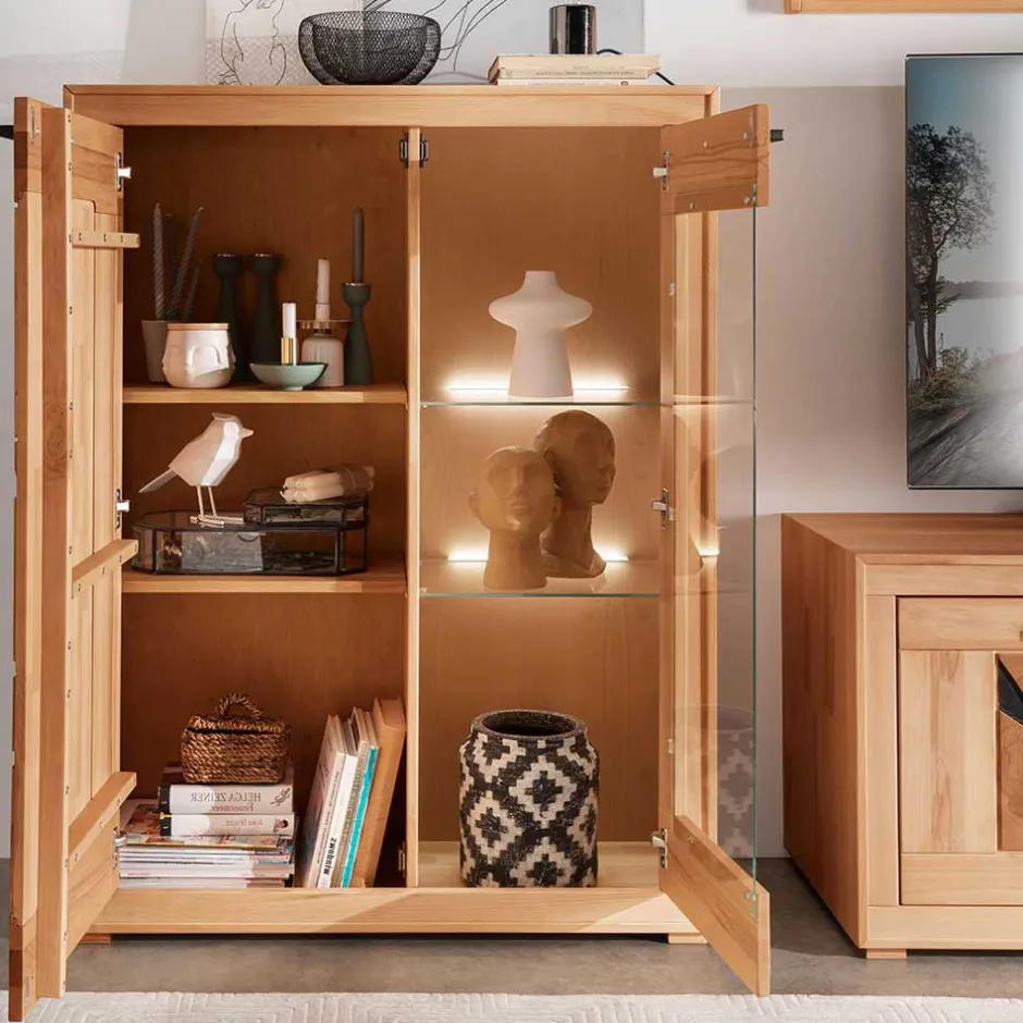 Pharao24 Highboard Vitrine Olmedo> Massivholzmöbel|Wohnzimmerschrank