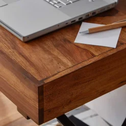 Massivholztische|Computertische*Pharao24 Schreibtisch Holz und Metall Tsubasa